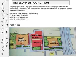 DEVELOPMENT CONDITION
The plan purpose create a large green areas around the new construction proposed between the
administration & hostel block .The auditorium with the capacity of 500 persons 300 on ground floor and
200 persons on balcony .
TOTAL SITE AREA -4.3 ACRES (17600 SQMT)
COVERED AREA -7000SQMT
GROUND COVERAGE – 40%
F.A.R – 0.4 / PERMISSIBLE – 1.2
SITE PLAN
AUDITORIUM
MANAGEMENT
INSTITUTE
HOSTEL
BOYS/GIRLS
FACULTY
GUEST
HOUSE
QUATERS
GODAWN
ADMINISTRATION
GREEN AREA
GREEN AREA
GREEN AREA
GREEN AREA
GREEN
AREA
GREEN AREA
P
R
O
T
O
T
Y
P
E
S
T
U
D
Y
S
I
A
M
J
A
I
P
U
R
 