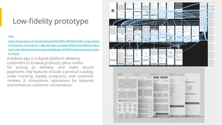Low-fidelity prototype
Screenshot of
prototype with
connections or
prototype GIF
Link:
https://www.figma.com/proto/QGGzIA0Yfy1EWTu7tfPA84/C%26C-Large-Androi
d-Full-screen_V2?node-id=1-3&node-type=canvas&t=Wfpbi7AH9zzBQzGJ-1&sca
ling=scale-down&content-scaling=fixed&page-id=0%3A1&starting-point-node-i
d=1%3A3
A bakery app is a digital platform allowing
customers to browse products, place orders
for pickup or delivery, and make secure
payments. Key features include a product catalog,
order tracking, loyalty programs, and customer
reviews. It streamlines operations for bakeries
and enhances customer convenience.
 