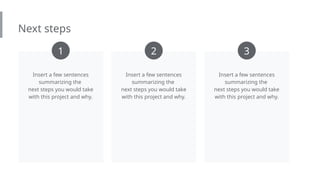 Next steps
Insert a few sentences
summarizing the
next steps you would take
with this project and why.
Insert a few sentences
summarizing the
next steps you would take
with this project and why.
Insert a few sentences
summarizing the
next steps you would take
with this project and why.
1 2 3
 