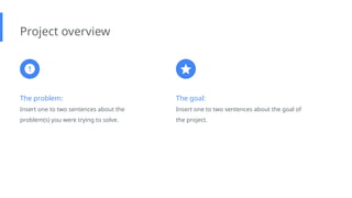 The problem:
Insert one to two sentences about the
problem(s) you were trying to solve.
Project overview
The goal:
Insert one to two sentences about the goal of
the project.
 