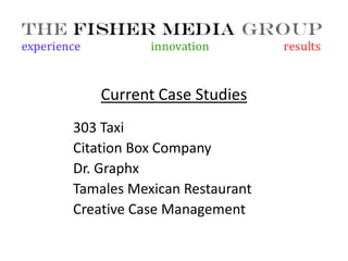 Current Case Studies
303 Taxi
Citation Box Company
Dr. Graphx
Tamales Mexican Restaurant
Creative Case Management
 