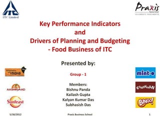 Key Performance Indicators
                           and
            Drivers of Planning and Budgeting
                  - Food Business of ITC
                      Presented by:
                          Group - 1

                          Members:
                        Bishnu Panda
                        Kailash Gupta
                      Kalyan Kumar Das
                       Subhasish Das

5/30/2012               Praxis Business School   1
 
