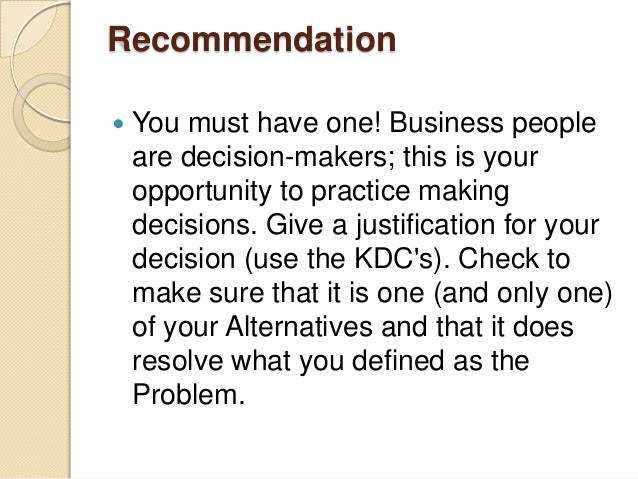 Example of recommendation in case study