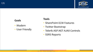 2014
UX
Goals
• Modern
• User Friendly
Tools
• SharePoint ECM Features
• Twitter Bootstrap
• Telerik ASP.NET AJAX Controls
• SSRS Reports
 