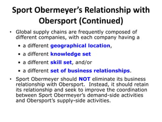 Sport Obermeyer’s Relationship with
Obersport (Continued)
• Global supply chains are frequently composed of
different companies, with each company having a
• a different geographical location,
• a different knowledge set
• a different skill set, and/or
• a different set of business relationships.
• Sport Obermeyer should NOT eliminate its business
relationship with Obersport. Instead, it should retain
its relationship and seek to improve the coordination
between Sport Obermeyer’s demand-side activities
and Obersport’s supply-side activities.
 
