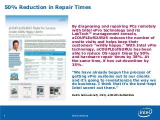50% Reduction in Repair Times


                      By diagnosing and repairing PCs remotely
                      with Intel vPro technology and its
                      LabTech™ management console,
                      aCOUPLEofGURUS reduces the number of
                      onsite visits and helps keep their
                      customers “wildly happy.” With Intel vPro
                      technology, aCOUPLEofGURUs has been
                      able to reduce OS repair times by 50%
                      and hardware repair times by 38%. At
                      the same time, it has cut downtime by
                      35%.

                      “We have already begun the process of
                      getting vPro systems out to our clients
                      and it’s going to revolutionize the way we
                      do business. I think that it’s the best-kept
                      Intel secret out there.”
                      Keith Schoolcraft, CEO, aCOUPLEofGURUs




1                     Intel Confidential
 