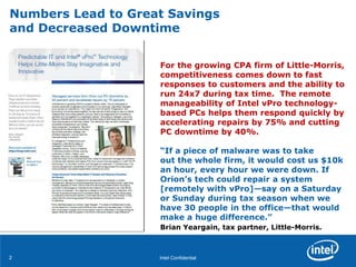 Intel Confidential22
For the growing CPA firm of Little-Morris,
competitiveness comes down to fast
responses to customers and the ability to
run 24x7 during tax time. The remote
manageability of Intel vPro technology-
based PCs helps them respond quickly by
accelerating repairs by 75% and cutting
PC downtime by 40%.
“If a piece of malware was to take
out the whole firm, it would cost us $10k
an hour, every hour we were down. If
Orion’s tech could repair a system
[remotely with vPro]—say on a Saturday
or Sunday during tax season when we
have 30 people in the office—that would
make a huge difference.”
Brian Yeargain, tax partner, Little-Morris.
Numbers Lead to Great Savings
and Decreased Downtime
 