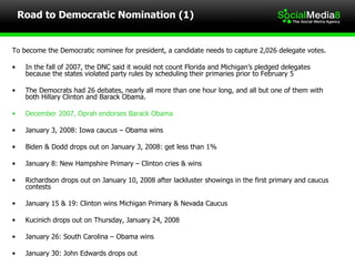 Road to Democratic Nomination (1) To become the Democratic nominee for president, a candidate needs to capture 2,026 delegate votes.  In the fall of 2007, the DNC said it would not count Florida and Michigan’s pledged delegates because the states violated party rules by scheduling their primaries prior to February 5  The Democrats had 26 debates, nearly all more than one hour long, and all but one of them with both Hillary Clinton and Barack Obama. December 2007, Oprah endorses Barack Obama January 3, 2008: Iowa caucus – Obama wins Biden & Dodd drops out on January 3, 2008: get less than 1% January 8: New Hampshire Primary – Clinton cries & wins Richardson drops out on January 10, 2008 after lackluster showings in the first primary and caucus contests January 15 & 19: Clinton wins Michigan Primary & Nevada Caucus  Kucinich drops out on Thursday, January 24, 2008 January 26: South Carolina – Obama wins January 30: John Edwards drops out 
