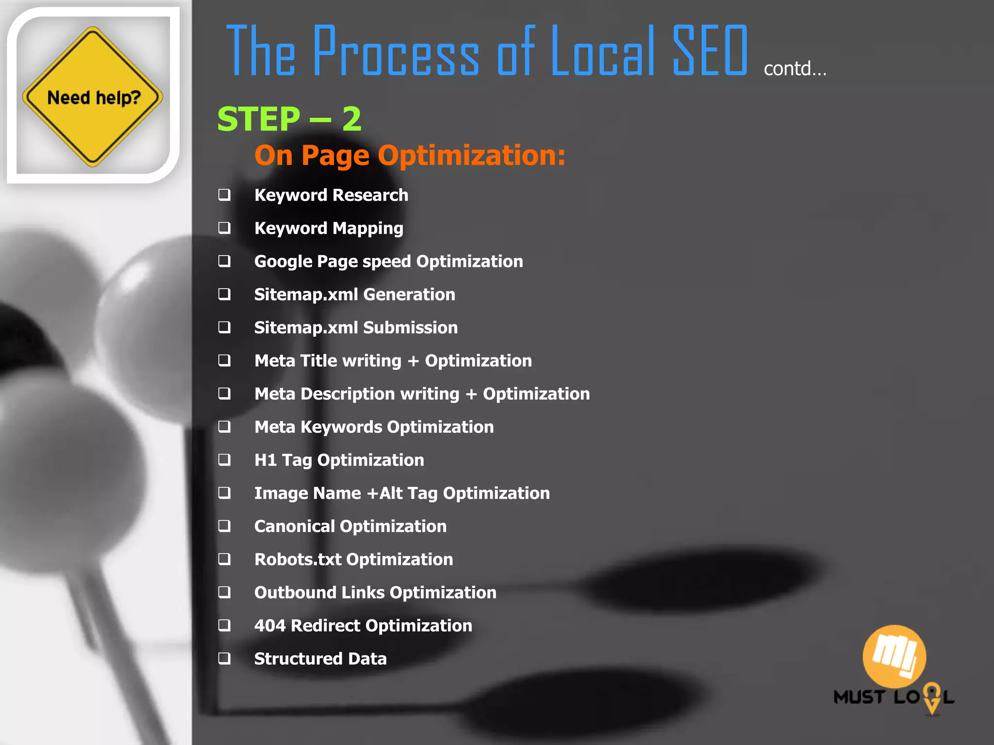 The Process of Local SEO contd…
STEP – 2
On Page Optimization:
 Keyword Research
 Keyword Mapping
 Google Page speed Optimization
 Sitemap.xml Generation
 Sitemap.xml Submission
 Meta Title writing + Optimization
 Meta Description writing + Optimization
 Meta Keywords Optimization
 H1 Tag Optimization
 Image Name +Alt Tag Optimization
 Canonical Optimization
 Robots.txt Optimization
 Outbound Links Optimization
 404 Redirect Optimization
 Structured Data
 