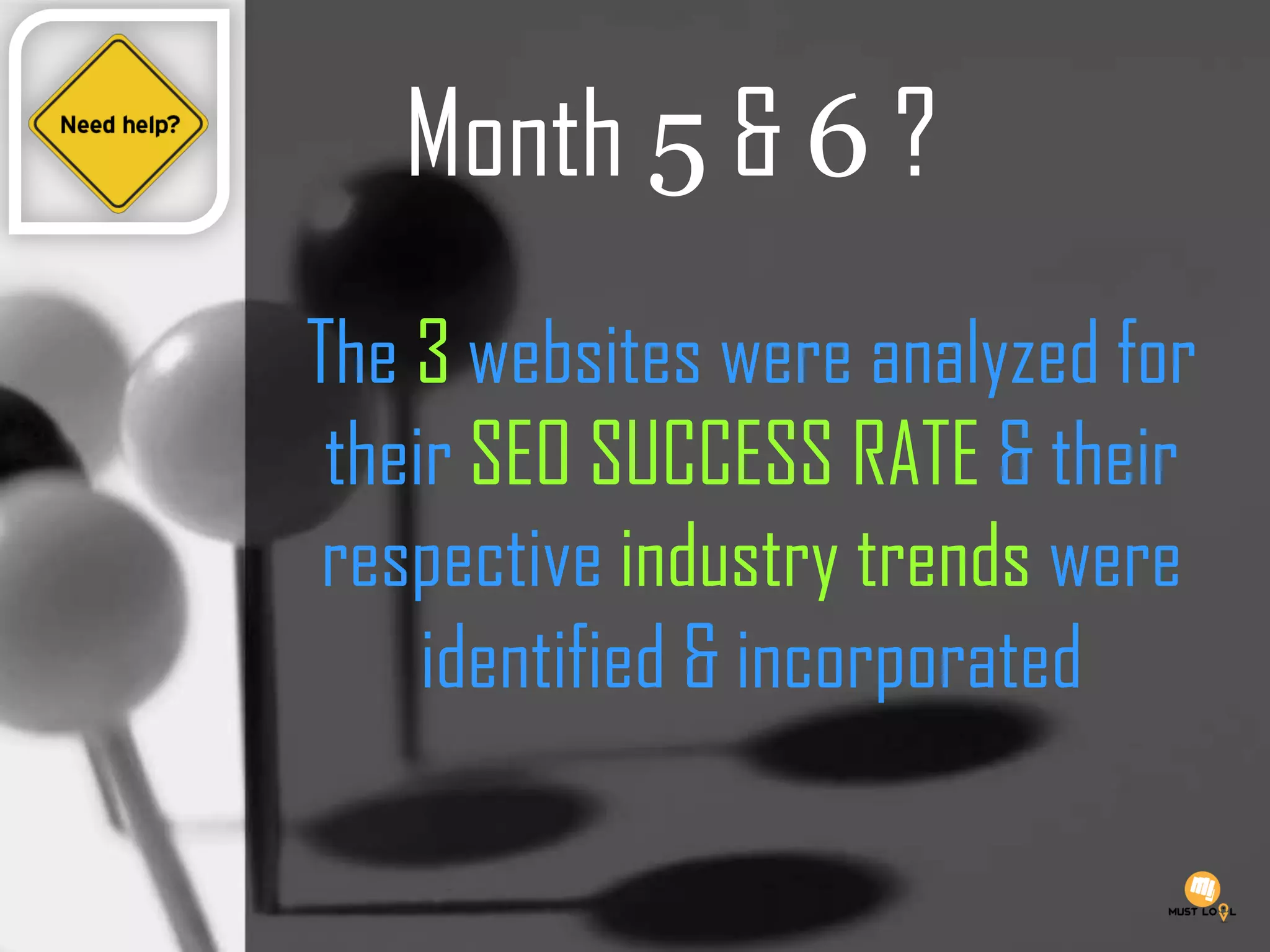 Month 5 & 6 ?
The 3 websites were analyzed for
their SEO SUCCESS RATE & their
respective industry trends were
identified & incorporated
 