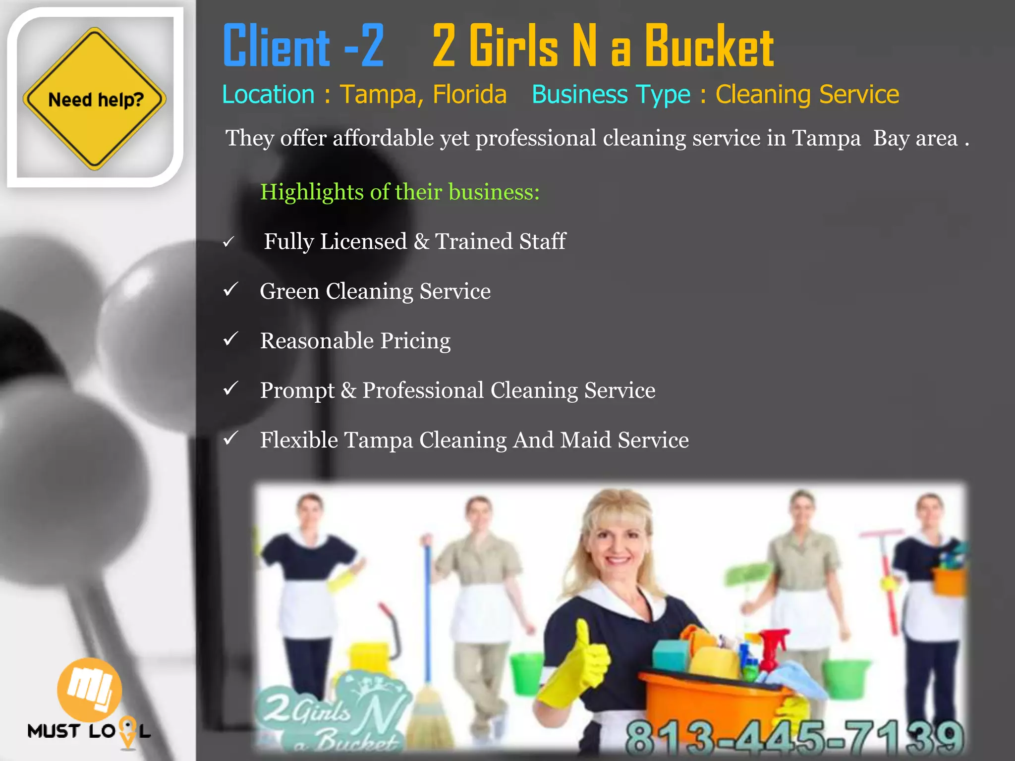 Client -2 2 Girls N a Bucket
Location : Tampa, Florida Business Type : Cleaning Service
They offer affordable yet professional cleaning service in Tampa Bay area .
Highlights of their business:
 Fully Licensed & Trained Staff
 Green Cleaning Service
 Reasonable Pricing
 Prompt & Professional Cleaning Service
 Flexible Tampa Cleaning And Maid Service
 