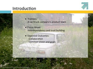 Introduc3on

                                    • Trainees:
                                        A	
  car/truck	
  company’s	
  product	
  team

                                    • Focus	
  Areas:
                                        Interdependency	
  and	
  trust	
  building	
  

                                    • Expected	
  Outcomes:
                                        	
  	
  Collabora?on
                                        	
  	
  Common	
  vision	
  and	
  goals




hBp://www.ﬂickr.com/photos/dalee/908535267/
 