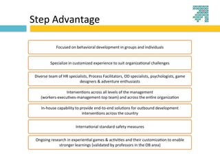 Step	
  Advantage

                  Focused	
  on	
  behavioral	
  development	
  in	
  groups	
  and	
  individuals


             Specialize	
  in	
  customized	
  experience	
  to	
  suit	
  organiza?onal	
  challenges


 Diverse	
  team	
  of	
  HR	
  specialists,	
  Process	
  Facilitators,	
  OD	
  specialists,	
  psychologists,	
  game	
  
                                      designers	
  &	
  adventure	
  enthusiasts

                     Interven?ons	
  across	
  all	
  levels	
  of	
  the	
  management	
  
     (workers-­‐execu?ves-­‐management-­‐top	
  team)	
  and	
  across	
  the	
  en?re	
  organiza?on

      In-­‐house	
  capability	
  to	
  provide	
  end-­‐to-­‐end	
  solu?ons	
  for	
  outbound	
  development	
  
                                         interven?ons	
  across	
  the	
  country


                                  Interna?onal	
  standard	
  safety	
  measures


 Ongoing	
  research	
  in	
  experien?al	
  games	
  &	
  ac?vi?es	
  and	
  their	
  customiza?on	
  to	
  enable	
  
                stronger	
  learnings	
  (validated	
  by	
  professors	
  in	
  the	
  OB	
  area)
 