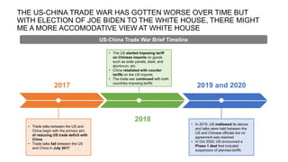 2017
2018
2019 and 2020
• Trade talks between the US and
China begin with the primary aim
of reducing US trade deficit with
China
• Trade talks fail between the US
and China in July 2017
• The US started imposing tariff
on Chinese imports on goods
such as solar panels, steel, and
aluminum, etc.
• China retaliated with counter
tariffs on the US imports
• The trade war continued with both
countries imposing tariffs
• In 2019, US mellowed its stance
and talks were held between the
US and Chinese officials but no
agreement was reached
• In Oct 2020, US announced a
Phase 1 deal that included
suspension of planned tariffs
US-China Trade War Brief Timeline
THE US-CHINA TRADE WAR HAS GOTTEN WORSE OVER TIME BUT
WITH ELECTION OF JOE BIDEN TO THE WHITE HOUSE, THERE MIGHT
ME A MORE ACCOMODATIVE VIEW AT WHITE HOUSE
 