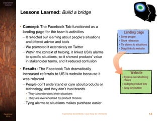 Website
• Bypass overwhelming
choice
• In-depth product info
• Easy buy button
Experiential Social Media: Case Study for USI AlarmsDecember
2015
Copyrighted
material
Lessons Learned: Build a bridge
• Concept: The Facebook Tab functioned as a
landing page for the team’s activities
– It reﬂected our learning about people’s situations
and offered advice and tools
– We promoted it extensively on Twitter
– Within the context of helping, it linked USI’s alarms
to speciﬁc situations, so it showed products’ value
in stakeholder terms, and it reduced confusion
• Results: The Facebook Tab dramatically
increased referrals to USI’s website because it
was relevant
– People don’t understand or care about products or
technology, and they don’t trust brands
• They do understand their situations
• They are overwhelmed by product choices
– Tying alarms to situations makes purchase easier
13
Landing page
• Serve people
• Show relevance
• Tie alarms to situations
• Deep links to website
 