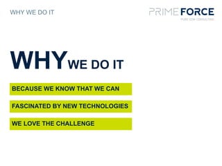 WHY WE DO IT
WHYWE DO IT
BECAUSE WE KNOW THAT WE CAN
FASCINATED BY NEW TECHNOLOGIES
WE LOVE THE CHALLENGE
 