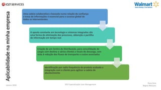 Aplicabilidadenaminhaempresa
Uma cadeia colaborativa e baseada numa relação de confiança
e troca de informações é essencial para o sucesso global de
todos os intervenientes.
A aposta constante em tecnologia e sistemas integrados são
uma forma de otimização dos processos, obtenção e partilha
de informação em tempo real
Criação de um Centro de Distribuição, para consolidação de
cargas com destino a vários clientes e locais de descarga, com
vista à redução dos fluxos de transporte e custos associados
Identificação por radio frequência do produto acabado e
integração com o cliente para agilizar a cadeia de
abastecimento
Tânia Silva
Regina MarquesJaneiro 2020 XXV Especialização Lean Management
 