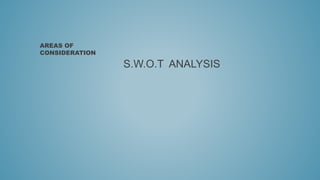 S.W.O.T ANALYSIS
AREAS OF
CONSIDERATION
 