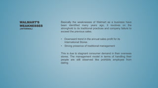 Basically the weaknesses of Walmart as a business have
been identified many years ago, it revolves on the
stronghold to its traditional practices and company failure to
exceed the previous sales.
• Downward trend in the annual sales profit for its
International Stores
• Strong presence of traditional management
This is due to stagnant consumer demand in their overseas
stores. The management model in terms of handling their
people are still observed like prohibits employee from
dating.
WALMART’S
WEAKNESSES
(INTERNAL)
 
