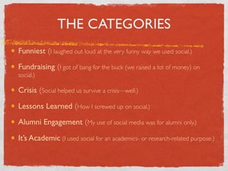 THE CATEGORIES
Funniest (I laughed out loud at the very funny way we used social.)
Fundraising (I got of bang for the buck (we raised a lot of money) on
social.)

Crisis (Social helped us survive a crisis—well.)
Lessons Learned (How I screwed up on social.)
Alumni Engagement (My use of social media was for alumni only.)
It’s Academic (I used social for an academics- or research-related purpose.)
 