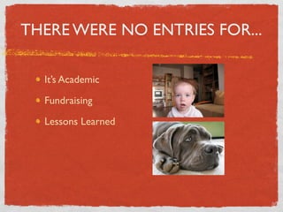 THERE WERE NO ENTRIES FOR...

  It’s Academic

  Fundraising

  Lessons Learned
 