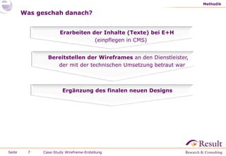 Seite
Was geschah danach?
Methodik
7 Case-Study Wireframe-Erstellung7
Erarbeiten der Inhalte (Texte) bei E+H
(einpflegen in CMS)
Bereitstellen der Wireframes an den Dienstleister,
der mit der technischen Umsetzung betraut war
Ergänzung des finalen neuen Designs
 
