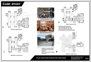 ROHAN BAMROTIYA (06)
NISARG BHAVSAR (12)
DIVYA MEHTA (19)
Yale architecture & art building
Fifth floor plan
Before renovation
After renovation
Sixth floor plan
•Painting and graphic
art studios are on the
top two levels, with an
open terrace for sketching
Seventh floor plan
Eighth floor plan
there is a penthouse
apartment for guest
critics
that also has its own
terrace
 