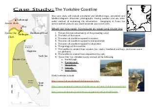Case Study: The Yorkshire Coastline
Your case study will include annotated and labelled maps, annotated and
labelled diagrams discussion, photographs, tracing overlays and any other
useful method of explaining the information. Geography in Focus has
some excellent pictures you could annotate your work with.
WHAT DO YOU NEED TO INCLUDE IN YOUR CASE STUDY FILE
1. The are the main direction(s) of the prevailing wind
2. The fetch of the waves
3. The areas of coastline exposed to erosion
4. The areas of coastline exposed to transportation
5. The areas of coastline exposed to deposition
6. The geology of the coastline
7. The landforms created from erosion (inc. stacks, headlands and bays, and coves wave-
cut platform)
8. The landforms created from deposition (inc spit)
9. ‘Focus Files’ (i.e. detailed work) on each of the following
a. Scarborough
b. Flamborough
c. Mappleton
d. Hornsea
e. Spurn Point
Useful websites include:
http://www.hull.ac.uk/geog/html/resources.html
http://www.geography.learnontheinternet.co.uk/topics/holdernesscoast.html
http://www.geography.btinternet.co.uk/coasts.htm#Case%20studies
North Sea
Scarborough
Filey
Flamborough Head
Bridlington
Mappleton
Spurn
Point
Humber
Estuary
The Coast of
Holderness
Boulder Clay
Chalk
Jurassic Rocks
Speeton Clay
 
