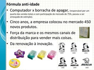 Fórmula anti-idade
• Computador x borracha de apagar, (responsável por um
quarto das vendas totais e com participação de mercado de 75%, passou a ser
ameaçado de extinção).
• Cinco anos, a empresa colocou no mercado 450
novos produtos.
• Força da marca e os mesmos canais de
distribuição para vender mais coisas.
• Da renovação à inovação.
 