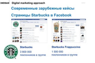Современные зарубежные кейсы Страницы  Starbucks  в  Facebook Digital marketing approach Starbucks   3 800 000 поклонников в группе Starbucks Frappuccino  1 500 000  поклонников в группе 