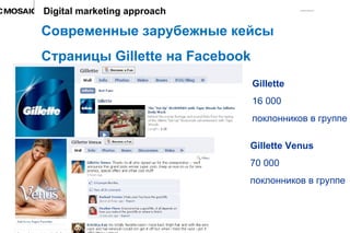 Современные зарубежные кейсы Страницы  Gillette  на  Facebook Digital marketing approach Gillette Venus   70 000 поклонников в группе Gillette 16 000 поклонников в группе 
