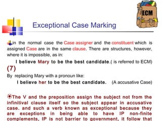 ECM

Exceptional Case Marking
in the normal case the Case assigner and the constituent which is
assigned Case are in the same clause. There are structures, however,
where it is impossible, as in:
I believe Mary to be the best candidate .( is referred to ECM)

(7)

By replacing Mary with a pronoun like:
I believe her to be the best candidate.

❀The

(A accusative Case)

V and the preposition assign the subject not from the
infinitival clause itself so the subject appear in accusative
case. and such a verb known as exceptional because they
are exceptions in being able to have IP non-finite
complements, IP is not barrier to government, it follow that

 