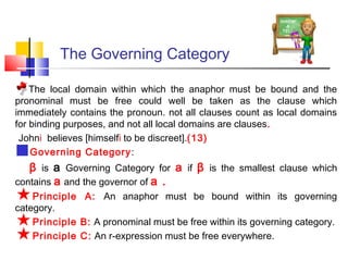 The Governing Category
The local domain within which the anaphor must be bound and the
pronominal must be free could well be taken as the clause which
immediately contains the pronoun. not all clauses count as local domains
for binding purposes, and not all local domains are clauses.
Johni believes [himselfi to be discreet].(13)
Governing Category :



β is a Governing Category for a if β is the smallest clause which
contains a and the governor of a .

Principle A: An anaphor must be bound within its governing
category.
Principle B: A pronominal must be free within its governing category.
Principle C: An r-expression must be free everywhere.

 