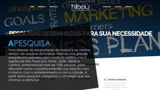 Para atender as necessidades da marca e ao mesmo
tempo nos esquivar do futebol, fizemos uma grande
pesquisa em parceria com o instituto LeHibou nas 5
regiões de São Paulo (Sul, Norte, Leste, Oeste e
Centro), entrevistando mais de 1200 pessoas, para
descobrir como o paulista entendia sua relação com
a marca, com o entretenimento e com a cidade. À
partir dessa pesquisa, chegamos a um insight que nos
chamou a atenção:
APESQUISA
 
