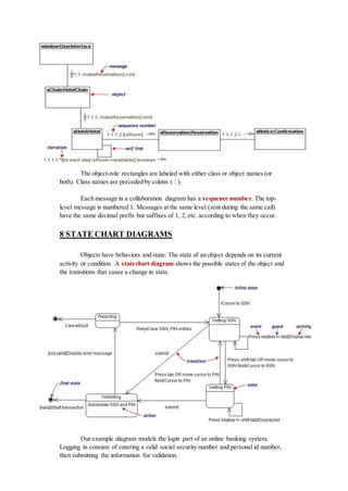 The object-role rectangles are labeled with either class or object names (or
both). Class names are preceded by colons ( : ).
Each message in a collaboration diagram has a sequence number. The top-
level message is numbered 1. Messages at the same level (sent during the same call)
have the same decimal prefix but suffixes of 1, 2, etc. according to when they occur.
8 STATE CHART DIAGRAMS
Objects have behaviors and state. The state of an object depends on its current
activity or condition. A statechart diagram shows the possible states of the object and
the transitions that cause a change in state.
Our example diagram models the login part of an online banking system.
Logging in consists of entering a valid social security number and personal id number,
then submitting the information for validation.
 