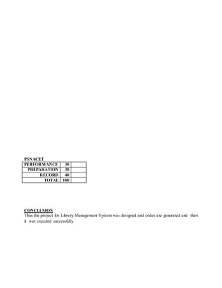 PSNACET
PERFORMANCE 30
PREPARATION 30
RECORD 40
TOTAL 100
CONCLUSION
Thus the project for Library Management System was designed and codes are generated and then
it was executed successfully.
 