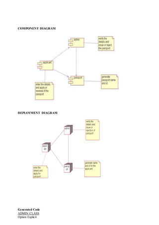 COMPONENT DIAGRAM
DEPLOYMENT DIAGRAM
Generated Code
ADMIN CLASS
Option Explicit
 