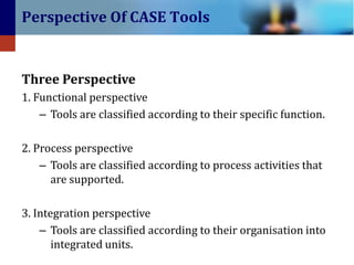 Perspective Of CASE Tools

Three Perspective
1. Functional perspective
– Tools are classified according to their specific function.
2. Process perspective
– Tools are classified according to process activities that
are supported.
3. Integration perspective
– Tools are classified according to their organisation into
integrated units.

 