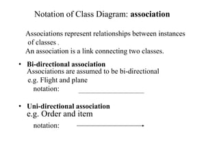 Notation of Class Diagram: association
• Bi-directional association
Associations are assumed to be bi-directional
e.g. Flight and plane
notation:
• Uni-directional association
e.g. Order and item
notation:
Associations represent relationships between instances
of classes .
An association is a link connecting two classes.
 