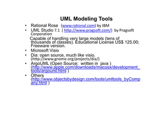 UML Modeling Tools
• Rational Rose (www.rational.com) by IBM
• UML Studio 7.1 ( http://www.pragsoft.com/) by Pragsoft
Corporation
Capable of handling very large models (tens of
thousands of classes). Educational License US$ 125.00;
Freeware version.
• Microsoft Visio
• Dia: open source, much like visio.
(http://www.gnome.org/projects/dia/)
• ArgoUML (Open Source; written in java )
(http://www.apple.com/downloads/macosx/development_
tools/argouml.html )
• Others
(http://www.objectsbydesign.com/tools/umltools_byComp
any.html )
 