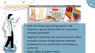 DIAGNOSIS
• With the clinical sign and symptoms , lab
diagnosis, age as well as other no secondary
diseases associated.
• Nephrotic syndrome with some hematuria. Most
probably minimal change disease nephrotic
syndrome for the confirmation renal biopsy is
preferred.
• Most (>85%) of children MCN.
 