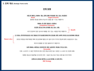 2. 전략 개요      (Strategic Frame-work)



                                                   전략 방향


                                  리듬 엔 밸런스 R&B는 평소 장에 대해 어려움을 겪고 있는 여성들이
                                      Brand            Target Consumer
                                       불편한 증상을 완화시키는데 도움을 줄 수 있는 제품이다.


                                             R&B는 장 관련 발효유 시장에서
                                               Competitive Framework
                                          둔감한 장으로 변비 문제를 겪고 있는 사람,
                                                                           Benefit
                                  너무 민감하여 잦은 설사와 복통을 겪고 있는 사람을 위한 제품이다.


               그 이유는 한국야쿠르트의 41년 발효유 연구성과를 통해 변비 증상을 위한 140억 마리의 유산균(R&B 리듬)과
                                            k

 Reason why       과민성 대장을 위해 특화된 RBB 유산균(R&B 밸런스)이 들어 있어 각각의 증상에 맞춰 도움을 줄 수 있는


                                          최초의 맞춤형 장 전문 발효유이기 때문이다.


                                  또한 R&B는 세련되고 당당하지만 매우 실질적인 개성을 가지고 있다.
                                             Personality
                       이에 소비자가 그 동안 막연하게 변비 관련 증상으로만 알고 있었던 스스로의 장 건강에 대해


                           정확한 증상과 해결책을 인식하게 하여 그들의 목소리로 직접 브랜드를 이야기하며


                                        브랜드의 성장과 발전에 스스로 참여할 수 있게 한다.
                                                   IMC Strategy
 