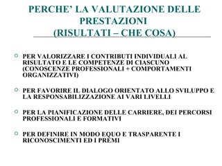 PERCHE’ LA VALUTAZIONE DELLE
PRESTAZIONI
(RISULTATI – CHE COSA)
 PER VALORIZZARE I CONTRIBUTI INDIVIDUALI AL
RISULTATO E LE COMPETENZE DI CIASCUNO
(CONOSCENZE PROFESSIONALI + COMPORTAMENTI
ORGANIZZATIVI)
 PER FAVORIRE IL DIALOGO ORIENTATO ALLO SVILUPPO E
LA RESPONSABILIZZAZIONE AI VARI LIVELLI
 PER LA PIANIFICAZIONE DELLE CARRIERE, DEI PERCORSI
PROFESSIONALI E FORMATIVI
 PER DEFINIRE IN MODO EQUO E TRASPARENTE I
RICONOSCIMENTI ED I PREMI
 