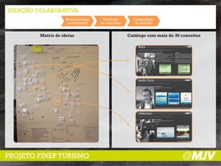 IDEAÇÃO COLABORATIVA
                     Brainstorming     Validação       Composição
                      participativo   de conceitos      da solução


         Matriz de ideias                            Catálogo com mais de 30 conceitos

                                                         Rota
                                                          Fornece informação via SMS sobre rotas de deslocamento, a partir do envio
                                                          pelo usuário dos seus endereços de origem e destino
                                                                                                 CARACTERÍSTICAS                                             VARIAÇÕES
                                                                                                 - ltragem de rotas pelo menor custo total, menor            - Informações em tempo real sobre o posicionamento
                                                                                                 tempo, menor número de transbordos e menor                  dos ônibus e a situação da rede, com previsão de
                                                                                                 distância caminhada até a parada                            chegada do ônibus à parada solicitada, sobre as
                                                                                                 - recebimento de informações úteis, personalizadas e        condições de trânsito, programação cultural da
                                                                                                                                                             rota, fatos relevantes no trajeto, pontos de interesse
                                                                                                 georeferenciadas on-place
                                                                                                                                                             turístico
                                                                                                 - interação física e social com os espaços urbanos,         - Recebimento de promoções e mensagens de
                                                                                                 através do conteúdo obtido pelo sistema                     parceiros, inclusive com georeferenciamento
                                                                                                 - Otimização da experiência durante o deslocamento          - Localização de serviços no decorrer das rotas, como
                                                                                                                                                             por exemplo farmácias, mercados e papelarias



                                                                                                              Av. Marechal Câmara,                                      Unibanco Artplex - 19h10 -
                                                                                                              160 - Os Normais 2                                        R$14 / R$7
                                                                                                                                                                        438 - Emb: Pres. Wilson,23
                                                                                                                                                                        Tempo: 15min - R$2,20
                                                                                                                                                                        Outras opções, envie
                                                                                                                                                                        “mais”




                                                                                                                                   Players:   turistas, representante da atração, lojistas, produtores de lembranças.




                                                          Audio Guia
                                                          Informações gerais sobre características e histórias de local ou atração
                                                          turística
                                                                                               CARACTERÍSTICAS
                                                                                               - informações do local, por audio em língua nativa,
                                                                                               via bluetooth




                                                                                                  Players:   turistas, representante da atração turísitca, produtor de conteúdo em audio, funcionários, lojistas




                                                          Vídeoteca
                                                          Biblioteca pública com gravações de vídeo enviadas por outros usuários

                                                                                               CARACTERÍSTICAS
                                                                                               - compartilhamento de experiências de viagem entre
                                                                                               turistas por video
                                                                                               - ratings
                                                                                               - histórias




                                                                                                                                                                          Players:   turistas, moradores, RIOTUR




PROJETO FINEP TURISMO
 