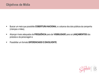 Objetivos de Mídia
 Buscar um meio que possibilite COBERTURA NACIONAL e o alcance dos dois públicos da campanha
(crianças e mães);
 Alcançar níveis adequados de FREQUÊNCIA para dar VISIBILIDADE para os LANÇAMENTOS dos
produtos e da personagem e
 Possibilitar um formato DIFERENCIADO E ENVOLVENTE.
 