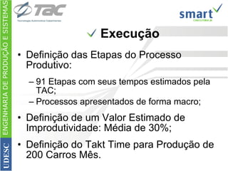 Execução Definição das Etapas do Processo Produtivo: 91 Etapas com seus tempos estimados pela TAC; Processos apresentados de forma macro; Definição de um Valor Estimado de Improdutividade: Média de 30%; Definição do Takt Time para Produção de 200 Carros Mês. ENGENHARIA DE PRODUÇÃO E SISTEMAS UDESC 
