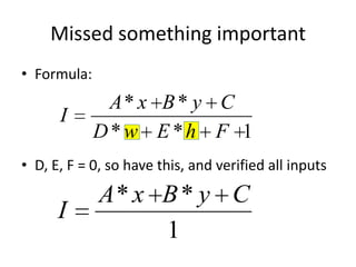 Missed something important
• Formula:
              A* x B * y C
      I
             D*w E *h F 1
• D, E, F = 0, so have this, and verified all inputs

             A* x B * y C
      I
                  1
 