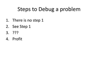 Steps to Debug a problem
1.   There is no step 1
2.   See Step 1
3.   ???
4.   Profit
 