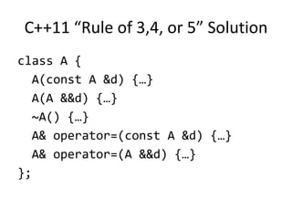 C++11 “Rule of 3,4, or 5” Solution
class A {
  A(const A &d) {…}
  A(A &&d) {…}
  ~A() {…}
  A& operator=(const A &d) {…}
  A& operator=(A &&d) {…}
};
 