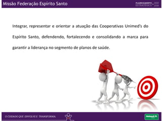 Missão Federação Espírito Santo
Integrar, representar e orientar a atuação das Cooperativas Unimed’s do
Espírito Santo, defendendo, fortalecendo e consolidando a marca para
garantir a liderança no segmento de planos de saúde.
 